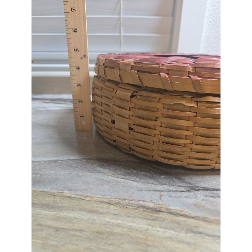 Handwoven Split Wood Lidded Basket Primitive Farmhouse Storage Red Accent 10.5" - Picture 8 of 9